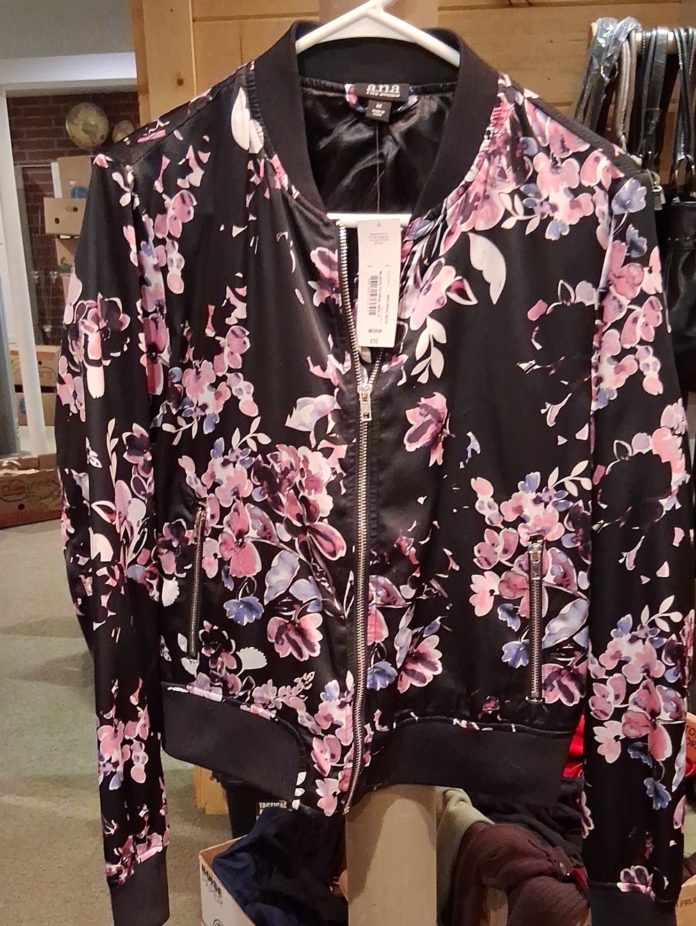 a.n.a Black Bomber Jacket with Pink & Purple Floral Print